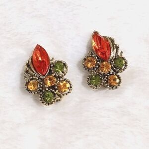 Vintage 1960's Orange, Green & Amber Rhinestone Clip Earrings